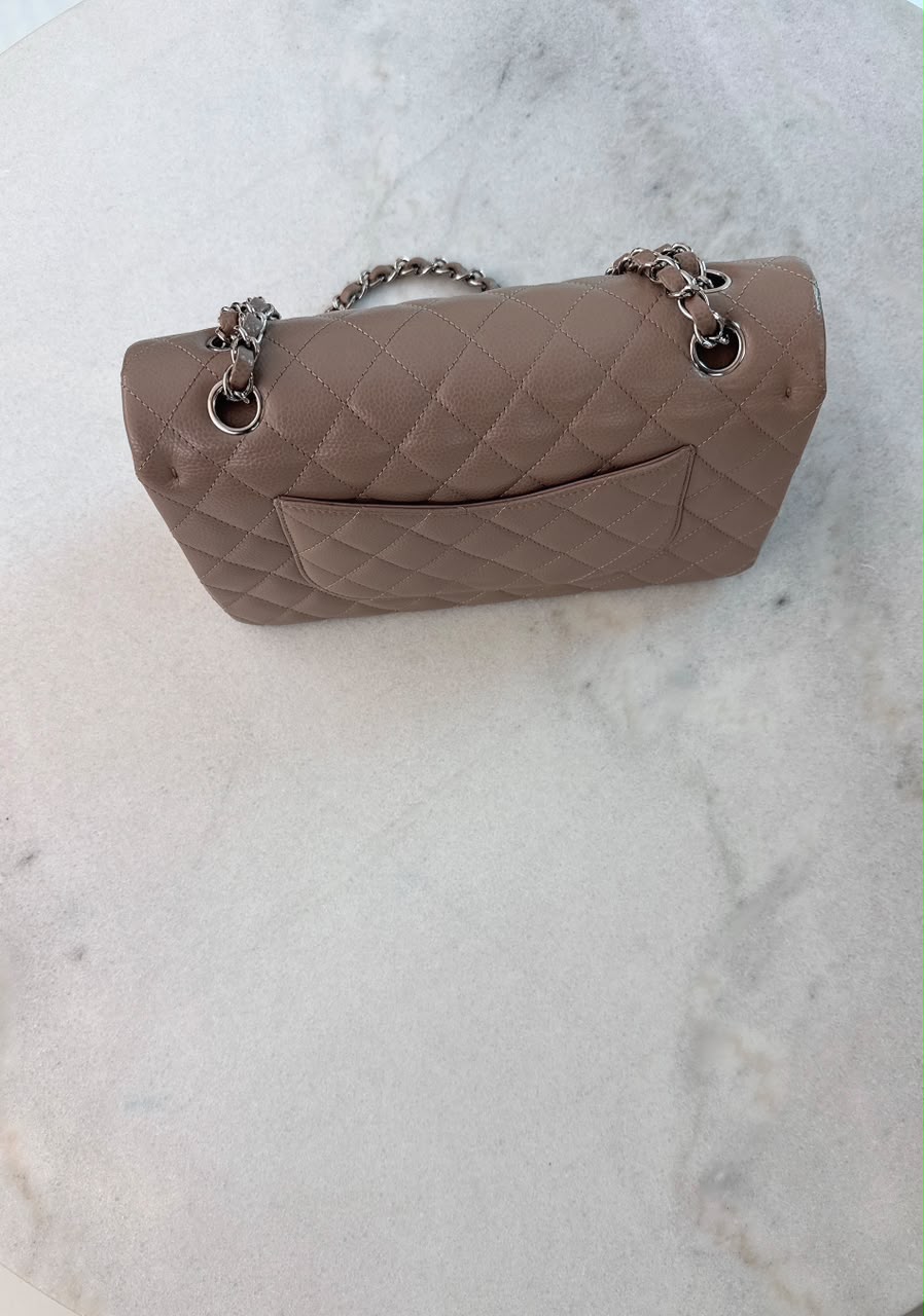BEIGE TAUPE CAVIAR LEATHER MEDIUM CLASSIC DOUBLE FLAP HANDBAG