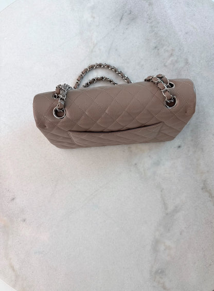 BEIGE TAUPE CAVIAR LEATHER MEDIUM CLASSIC DOUBLE FLAP HANDBAG