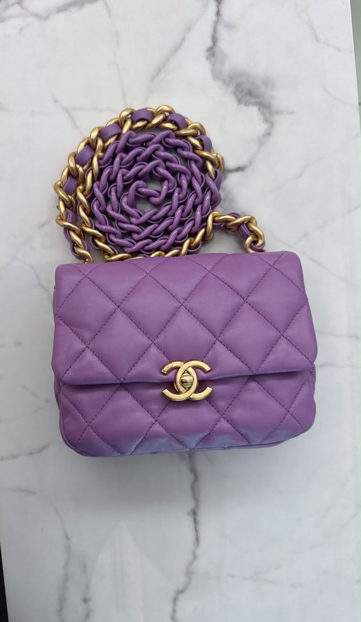 PURPLE LAMBSKIN LEATHER MINI CANDY CHAIN FLAP BAG