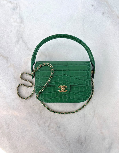 GREEN CALFSKIN AND CROCODILE EMBOSSED LEATHER SMALL TOP HANDLE FLAP BAG GOLD HARDWARE