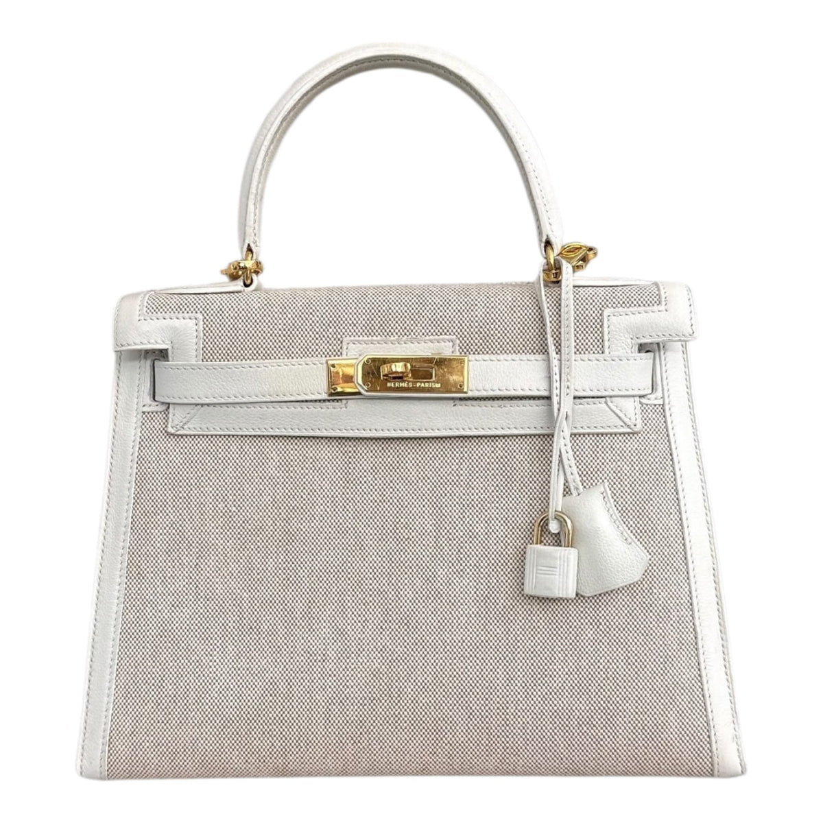 BEIGE CANVAS AND WHITE LEATHER KELLY SELLIER 28 GOLD HARDWARE