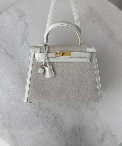 BEIGE CANVAS AND WHITE LEATHER KELLY SELLIER 28 GOLD HARDWARE