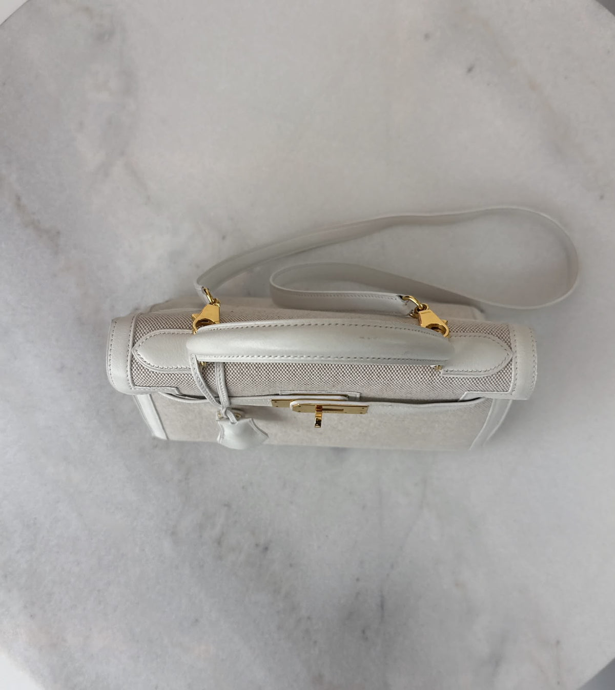 BEIGE CANVAS AND WHITE LEATHER KELLY SELLIER 28 GOLD HARDWARE
