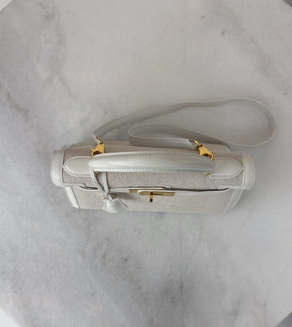 BEIGE CANVAS AND WHITE LEATHER KELLY SELLIER 28 GOLD HARDWARE