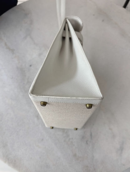 BEIGE CANVAS AND WHITE LEATHER KELLY SELLIER 28 GOLD HARDWARE