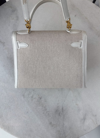 BEIGE CANVAS AND WHITE LEATHER KELLY SELLIER 28 GOLD HARDWARE
