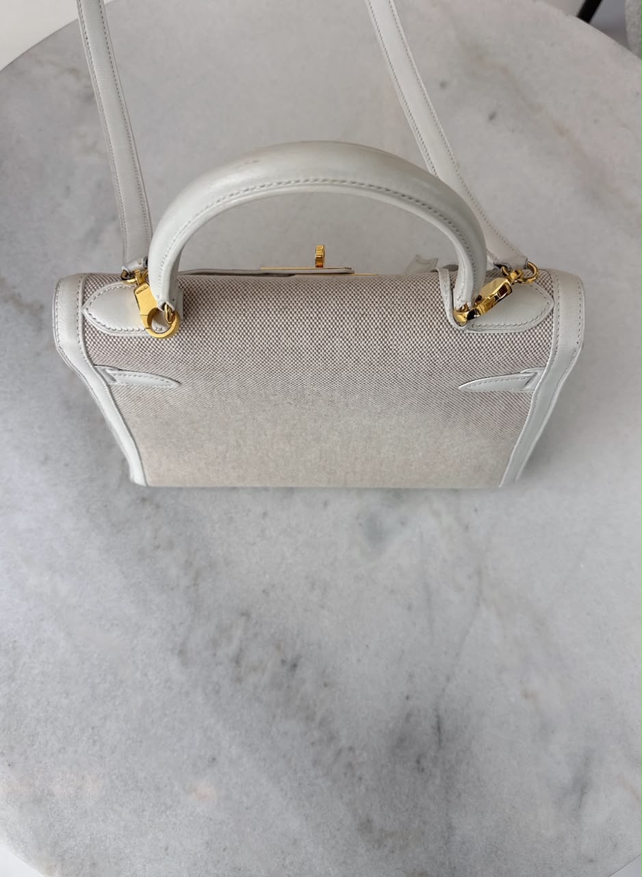 BEIGE CANVAS AND WHITE LEATHER KELLY SELLIER 28 GOLD HARDWARE