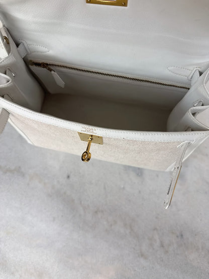BEIGE CANVAS AND WHITE LEATHER KELLY SELLIER 28 GOLD HARDWARE