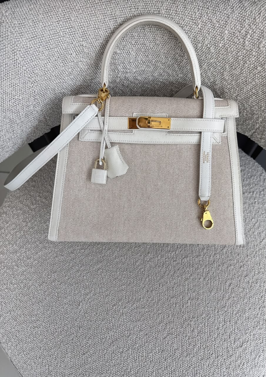 BEIGE CANVAS AND WHITE LEATHER KELLY SELLIER 28 GOLD HARDWARE