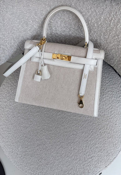 BEIGE CANVAS AND WHITE LEATHER KELLY SELLIER 28 GOLD HARDWARE
