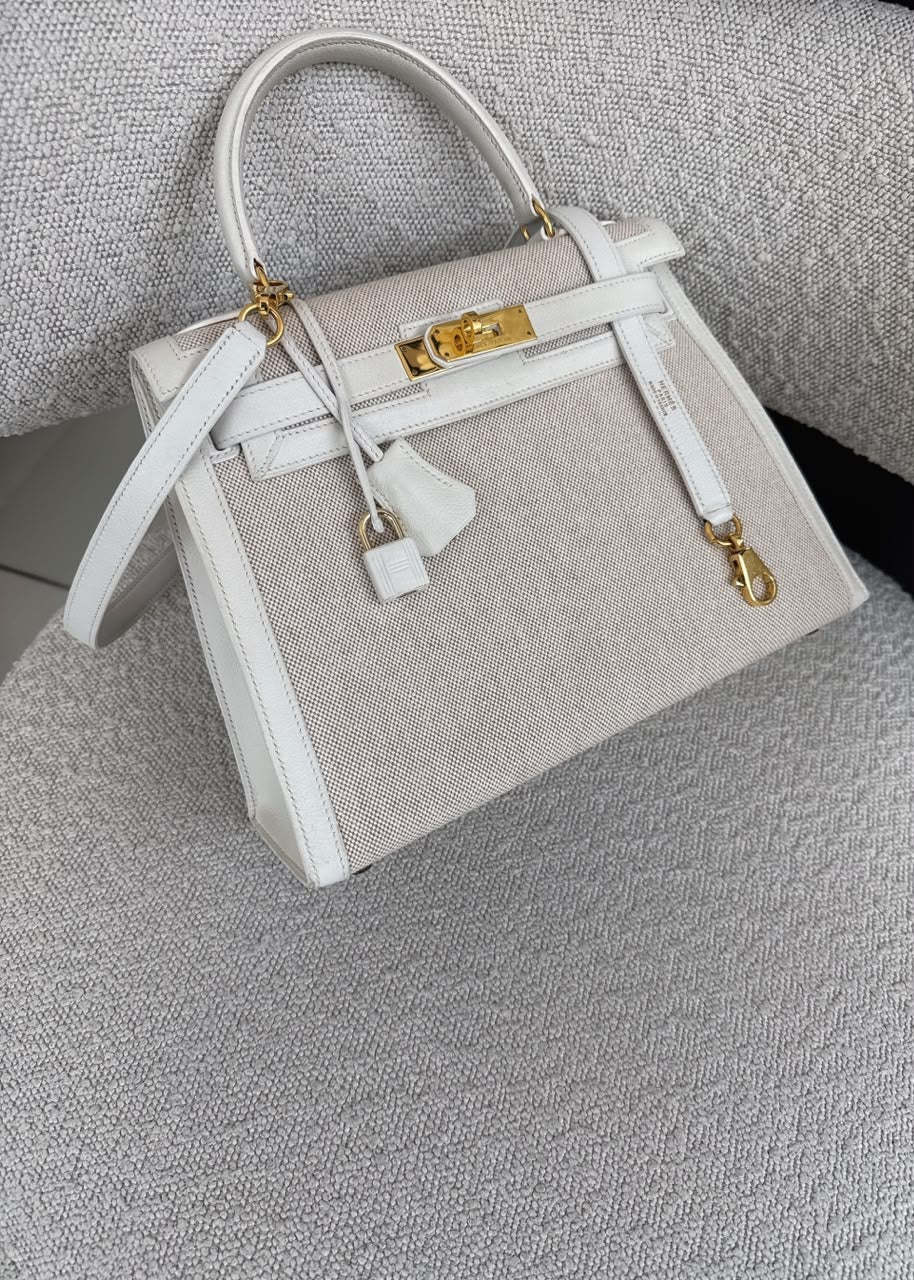 BEIGE CANVAS AND WHITE LEATHER KELLY SELLIER 28 GOLD HARDWARE