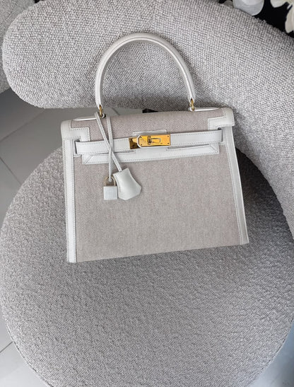 BEIGE CANVAS AND WHITE LEATHER KELLY SELLIER 28 GOLD HARDWARE