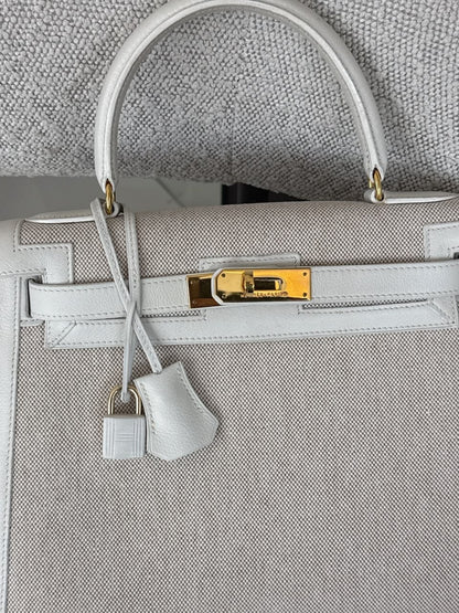 BEIGE CANVAS AND WHITE LEATHER KELLY SELLIER 28 GOLD HARDWARE