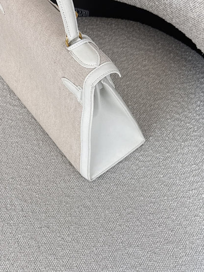 BEIGE CANVAS AND WHITE LEATHER KELLY SELLIER 28 GOLD HARDWARE