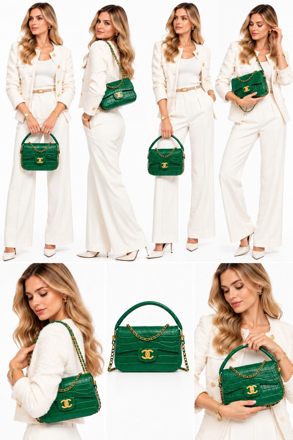 GREEN CALFSKIN AND CROCODILE EMBOSSED LEATHER SMALL TOP HANDLE FLAP BAG GOLD HARDWARE