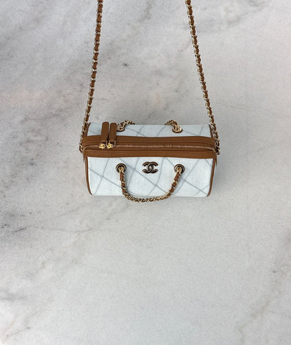 LIGHT BLUE BROWN WASH DENIM AND LEATHER COCO BEACH MINI TIMELESS CLASSIC BARREL BAG GHW