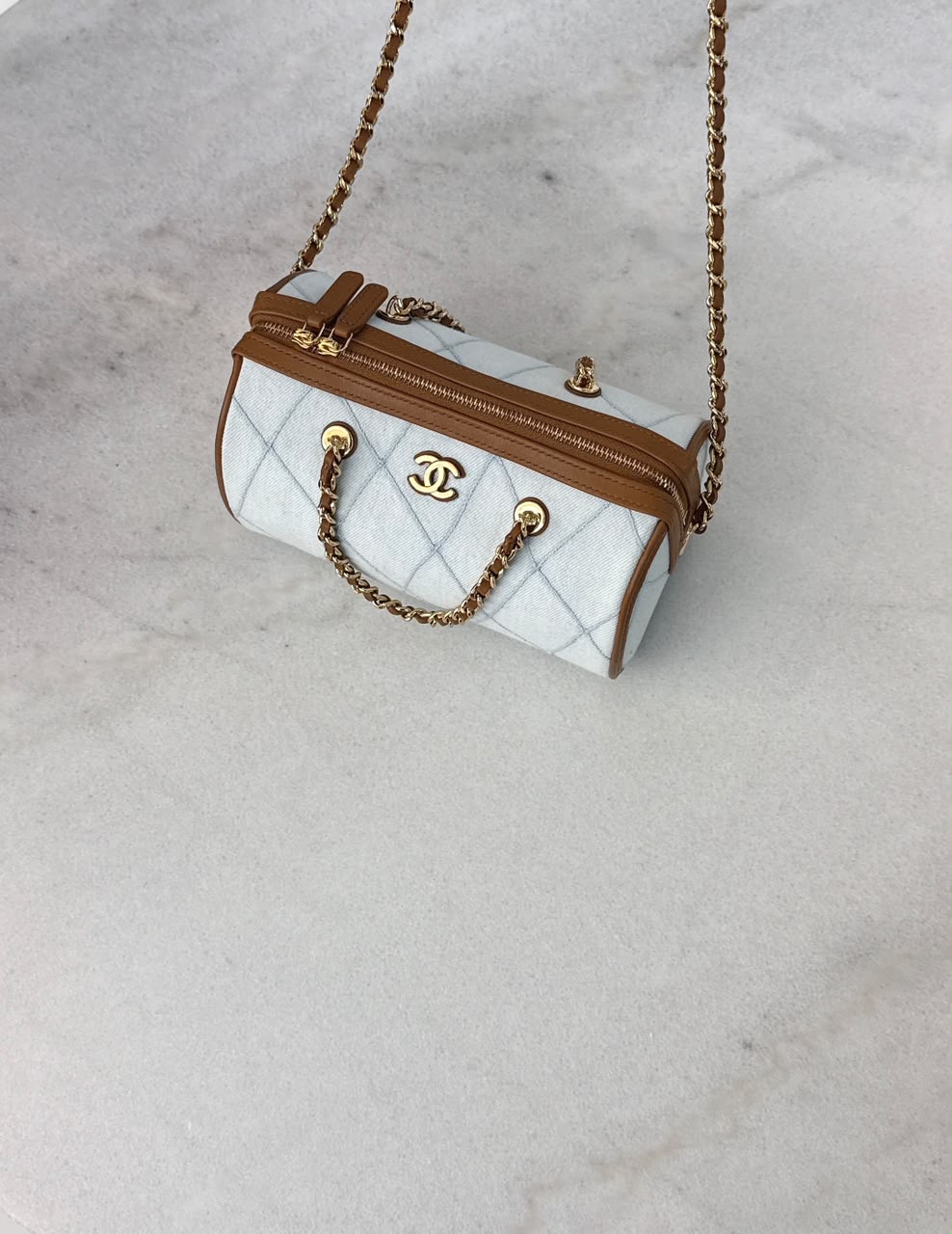 LIGHT BLUE BROWN WASH DENIM AND LEATHER COCO BEACH MINI TIMELESS CLASSIC BARREL BAG GHW
