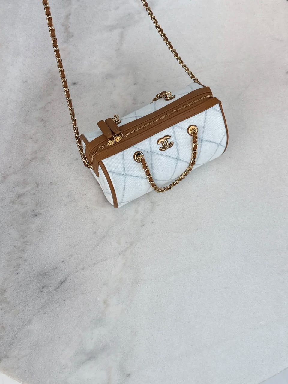 LIGHT BLUE BROWN WASH DENIM AND LEATHER COCO BEACH MINI TIMELESS CLASSIC BARREL BAG GHW