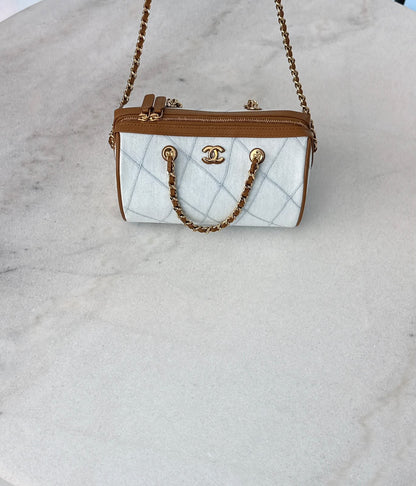 LIGHT BLUE BROWN WASH DENIM AND LEATHER COCO BEACH MINI TIMELESS CLASSIC BARREL BAG GHW
