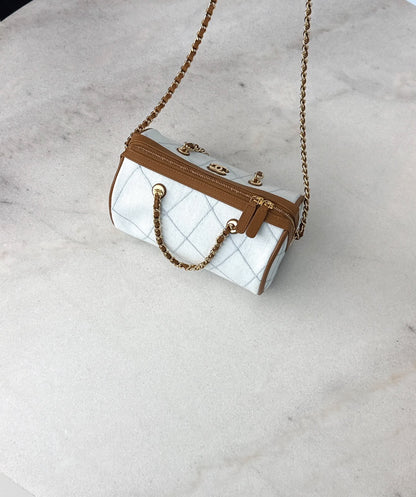 LIGHT BLUE BROWN WASH DENIM AND LEATHER COCO BEACH MINI TIMELESS CLASSIC BARREL BAG GHW