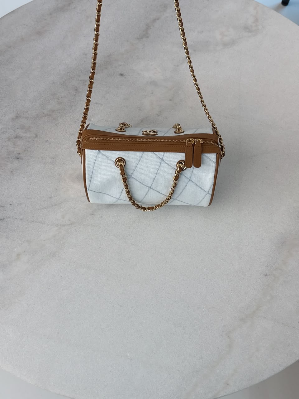 LIGHT BLUE BROWN WASH DENIM AND LEATHER COCO BEACH MINI TIMELESS CLASSIC BARREL BAG GHW