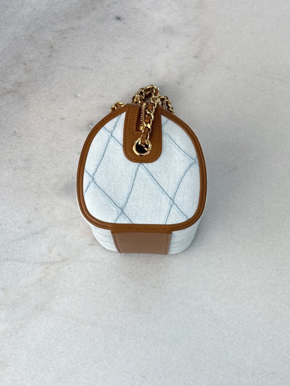 LIGHT BLUE BROWN WASH DENIM AND LEATHER COCO BEACH MINI TIMELESS CLASSIC BARREL BAG GHW