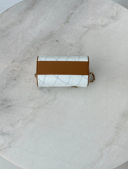 LIGHT BLUE BROWN WASH DENIM AND LEATHER COCO BEACH MINI TIMELESS CLASSIC BARREL BAG GHW