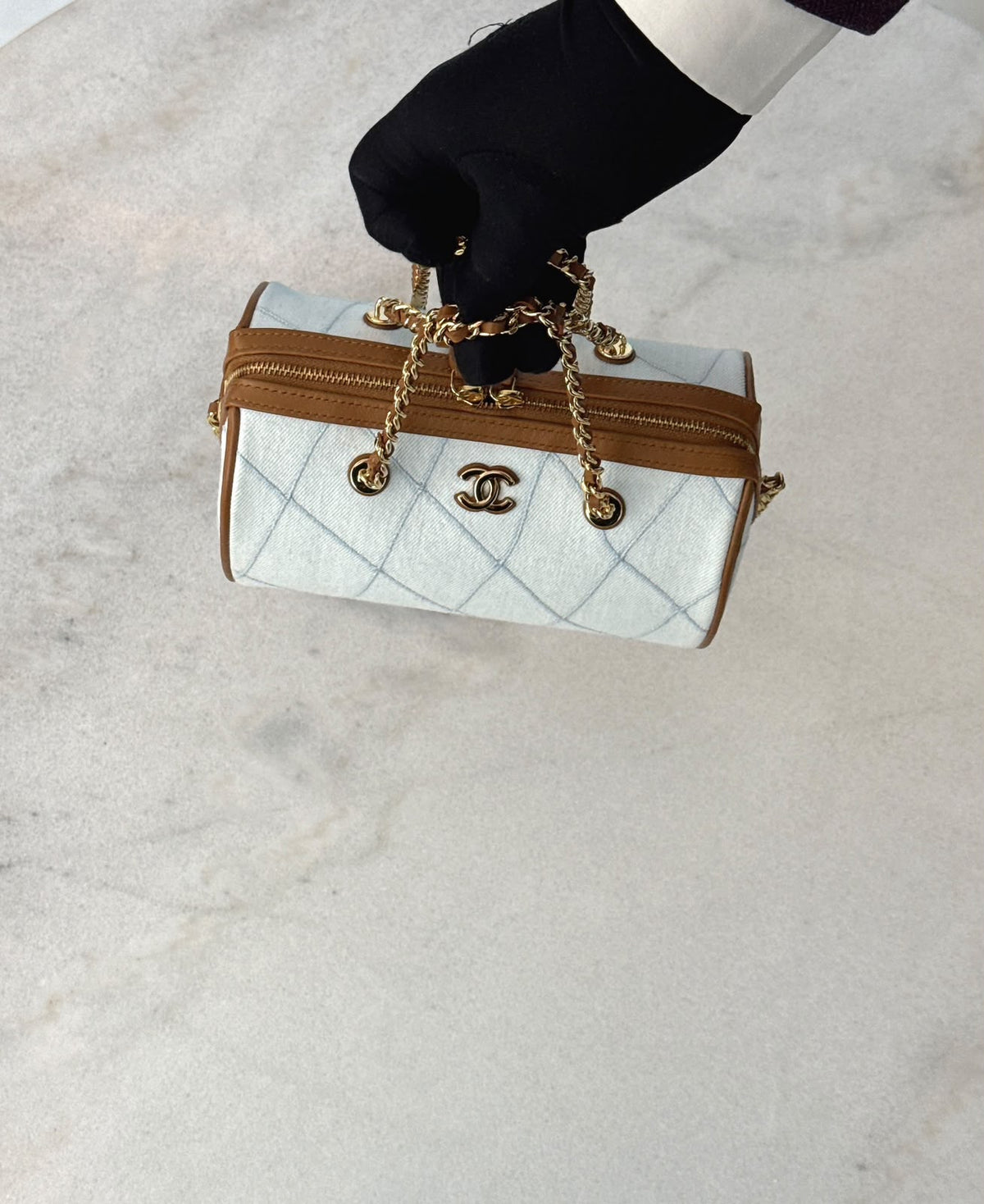 LIGHT BLUE BROWN WASH DENIM AND LEATHER COCO BEACH MINI TIMELESS CLASSIC BARREL BAG GHW
