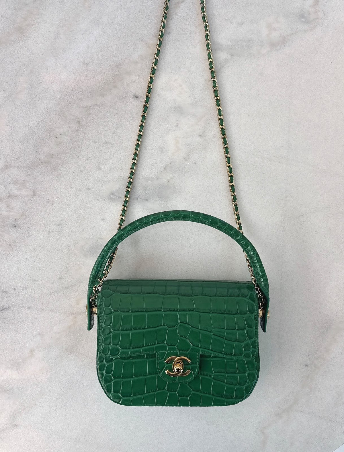 GREEN CALFSKIN AND CROCODILE EMBOSSED LEATHER SMALL TOP HANDLE FLAP BAG GOLD HARDWARE
