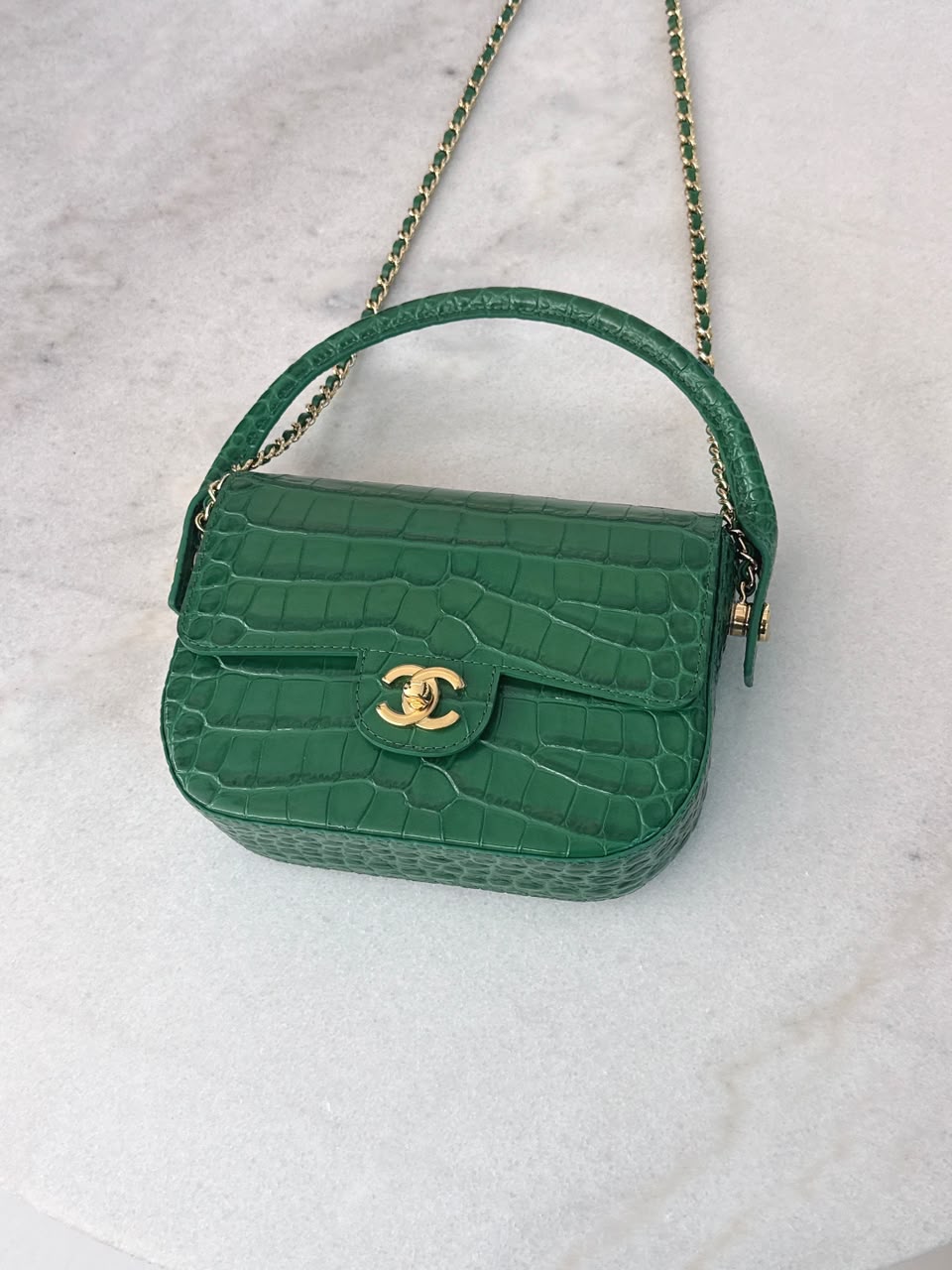 GREEN CALFSKIN AND CROCODILE EMBOSSED LEATHER SMALL TOP HANDLE FLAP BAG GOLD HARDWARE