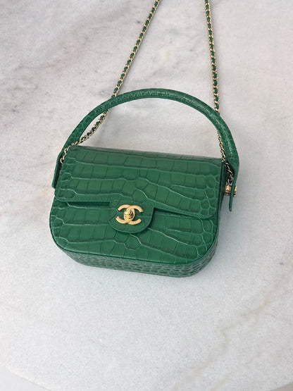 GREEN CALFSKIN AND CROCODILE EMBOSSED LEATHER SMALL TOP HANDLE FLAP BAG GOLD HARDWARE