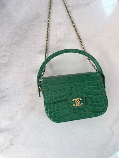 GREEN CALFSKIN AND CROCODILE EMBOSSED LEATHER SMALL TOP HANDLE FLAP BAG GOLD HARDWARE