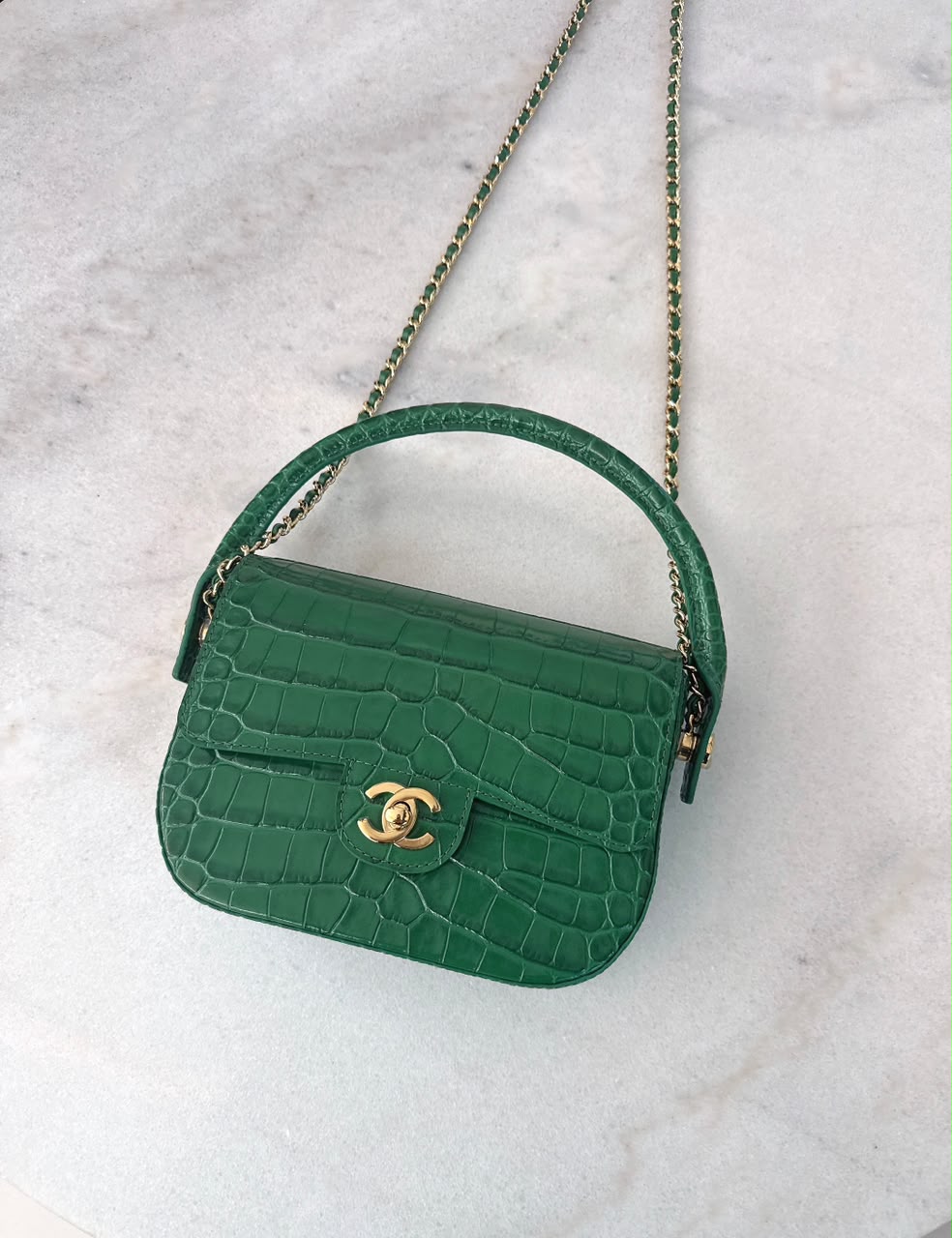 GREEN CALFSKIN AND CROCODILE EMBOSSED LEATHER SMALL TOP HANDLE FLAP BAG GOLD HARDWARE
