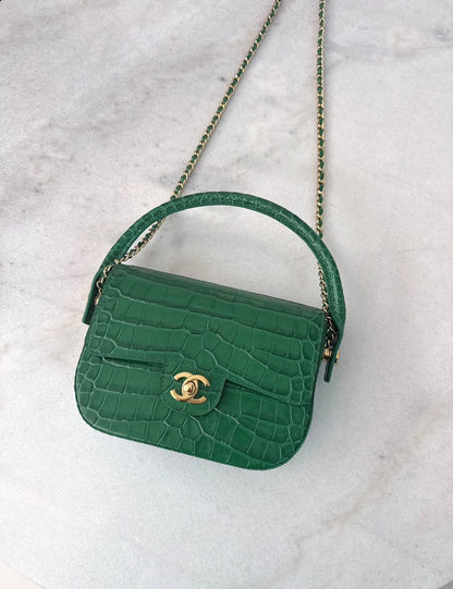 GREEN CALFSKIN AND CROCODILE EMBOSSED LEATHER SMALL TOP HANDLE FLAP BAG GOLD HARDWARE