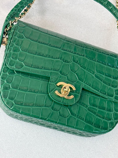GREEN CALFSKIN AND CROCODILE EMBOSSED LEATHER SMALL TOP HANDLE FLAP BAG GOLD HARDWARE