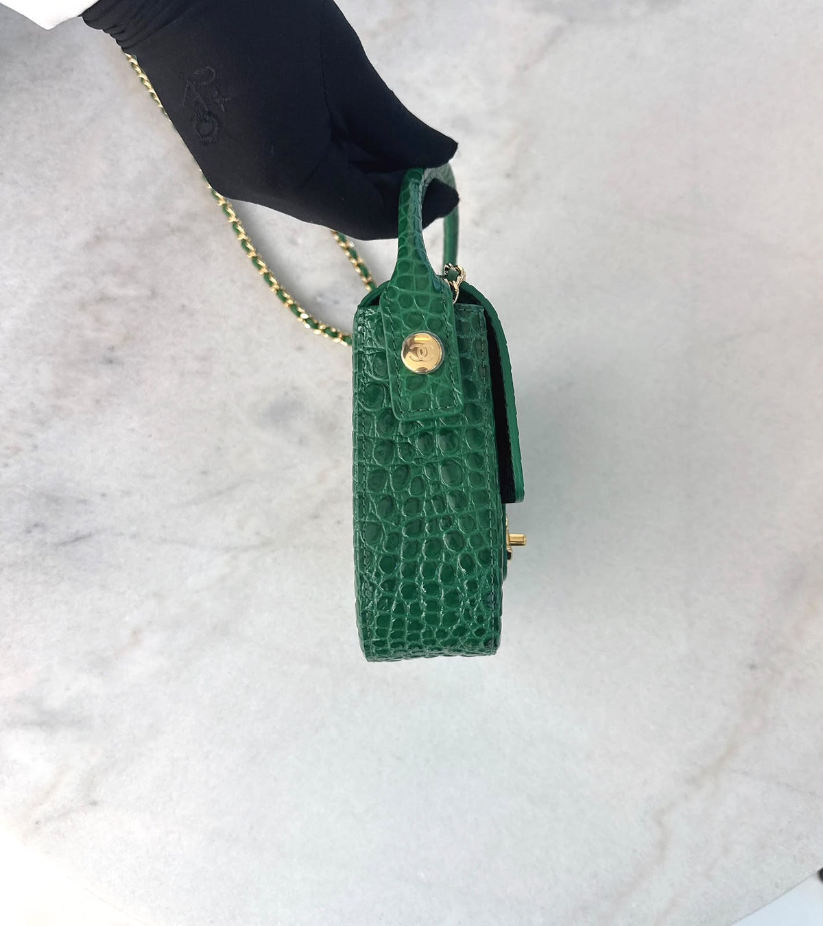GREEN CALFSKIN AND CROCODILE EMBOSSED LEATHER SMALL TOP HANDLE FLAP BAG GOLD HARDWARE