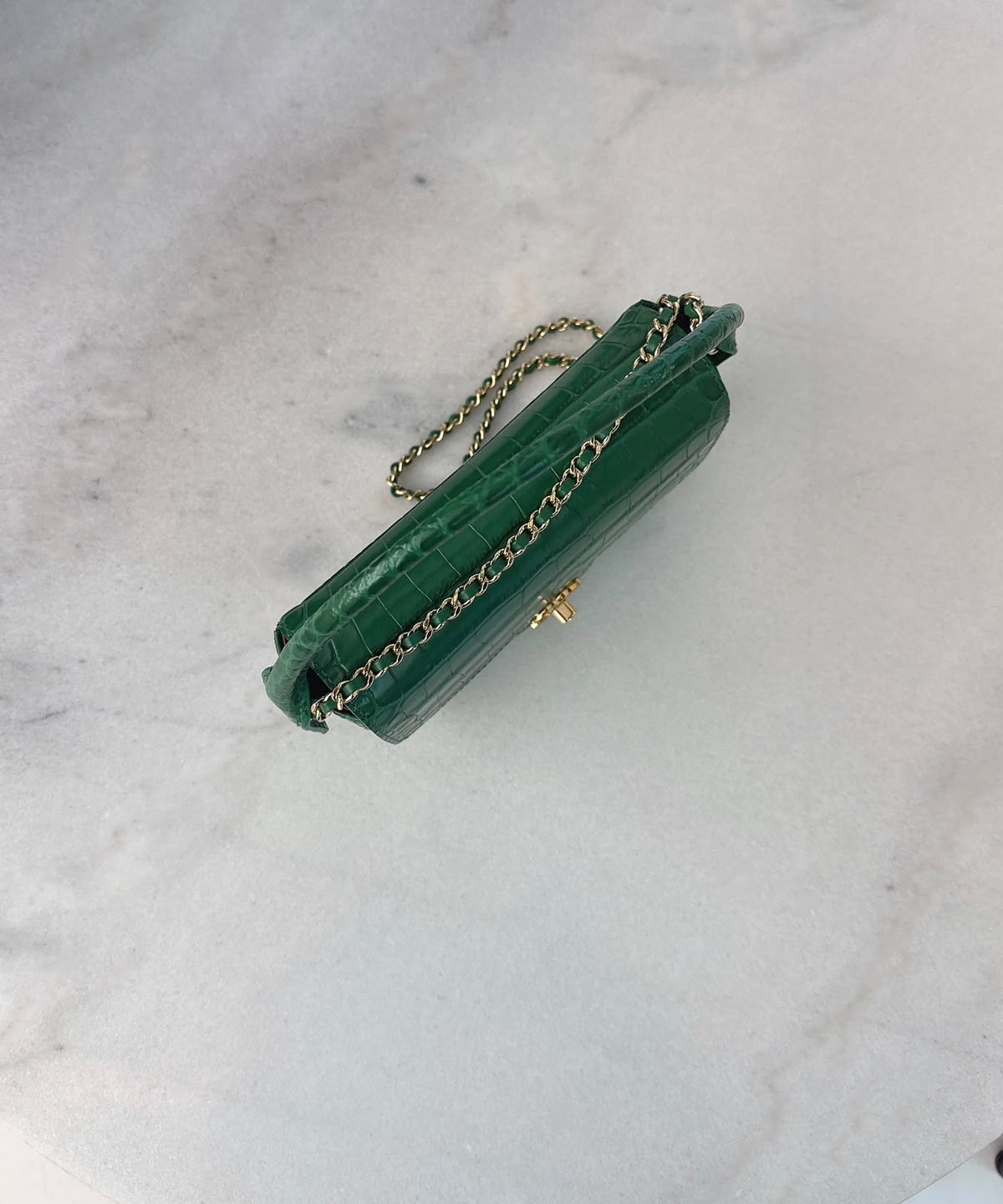 GREEN CALFSKIN AND CROCODILE EMBOSSED LEATHER SMALL TOP HANDLE FLAP BAG GOLD HARDWARE