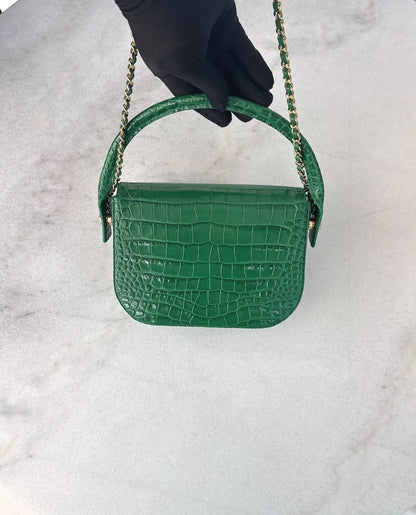 GREEN CALFSKIN AND CROCODILE EMBOSSED LEATHER SMALL TOP HANDLE FLAP BAG GOLD HARDWARE