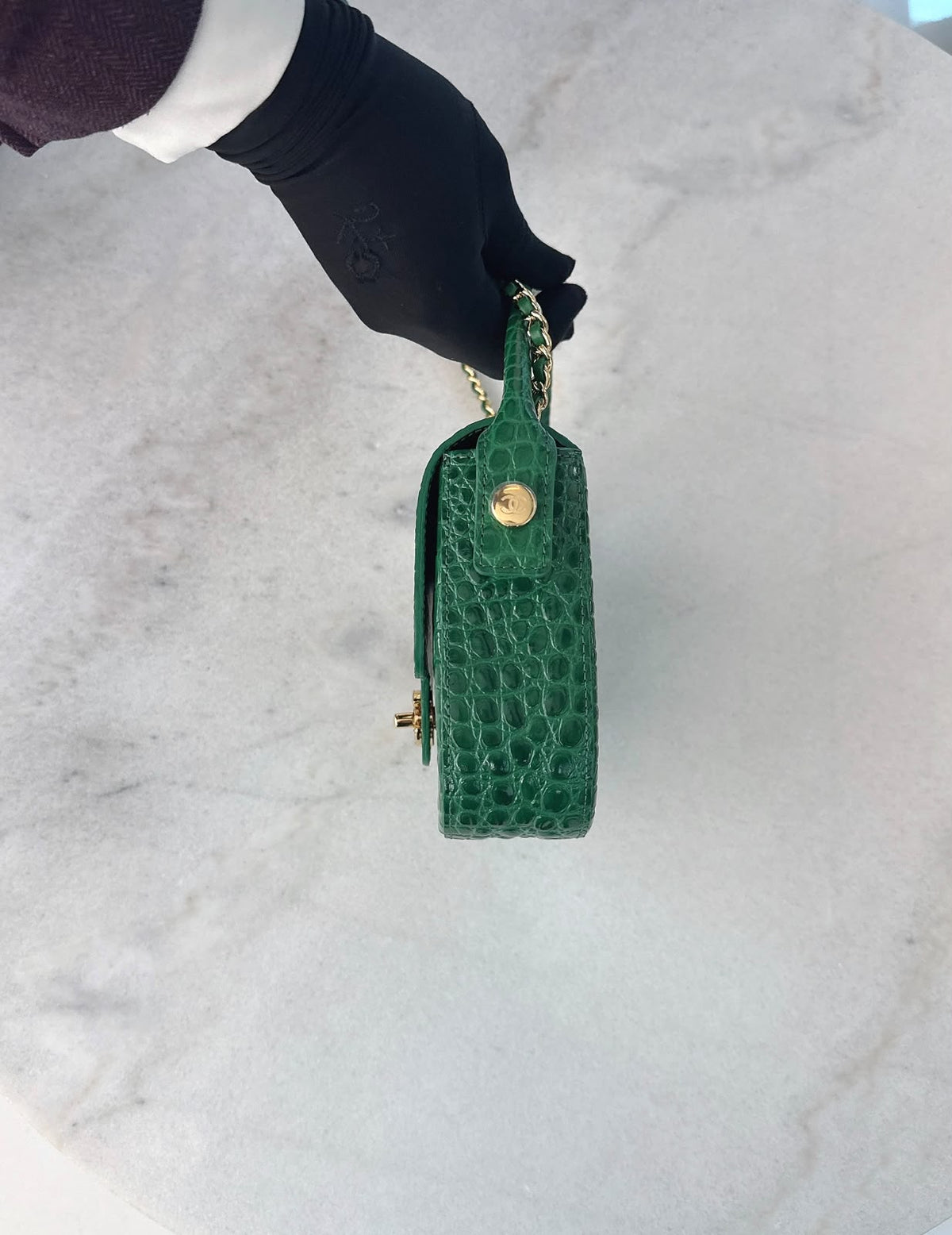 GREEN CALFSKIN AND CROCODILE EMBOSSED LEATHER SMALL TOP HANDLE FLAP BAG GOLD HARDWARE
