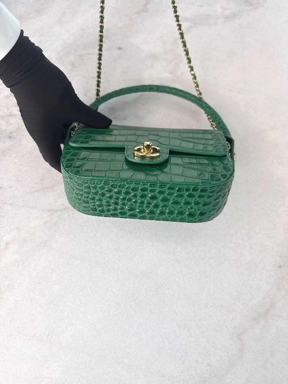 GREEN CALFSKIN AND CROCODILE EMBOSSED LEATHER SMALL TOP HANDLE FLAP BAG GOLD HARDWARE