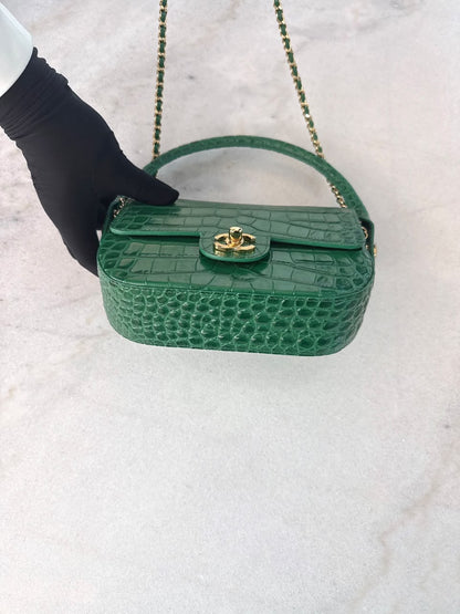 GREEN CALFSKIN AND CROCODILE EMBOSSED LEATHER SMALL TOP HANDLE FLAP BAG GOLD HARDWARE