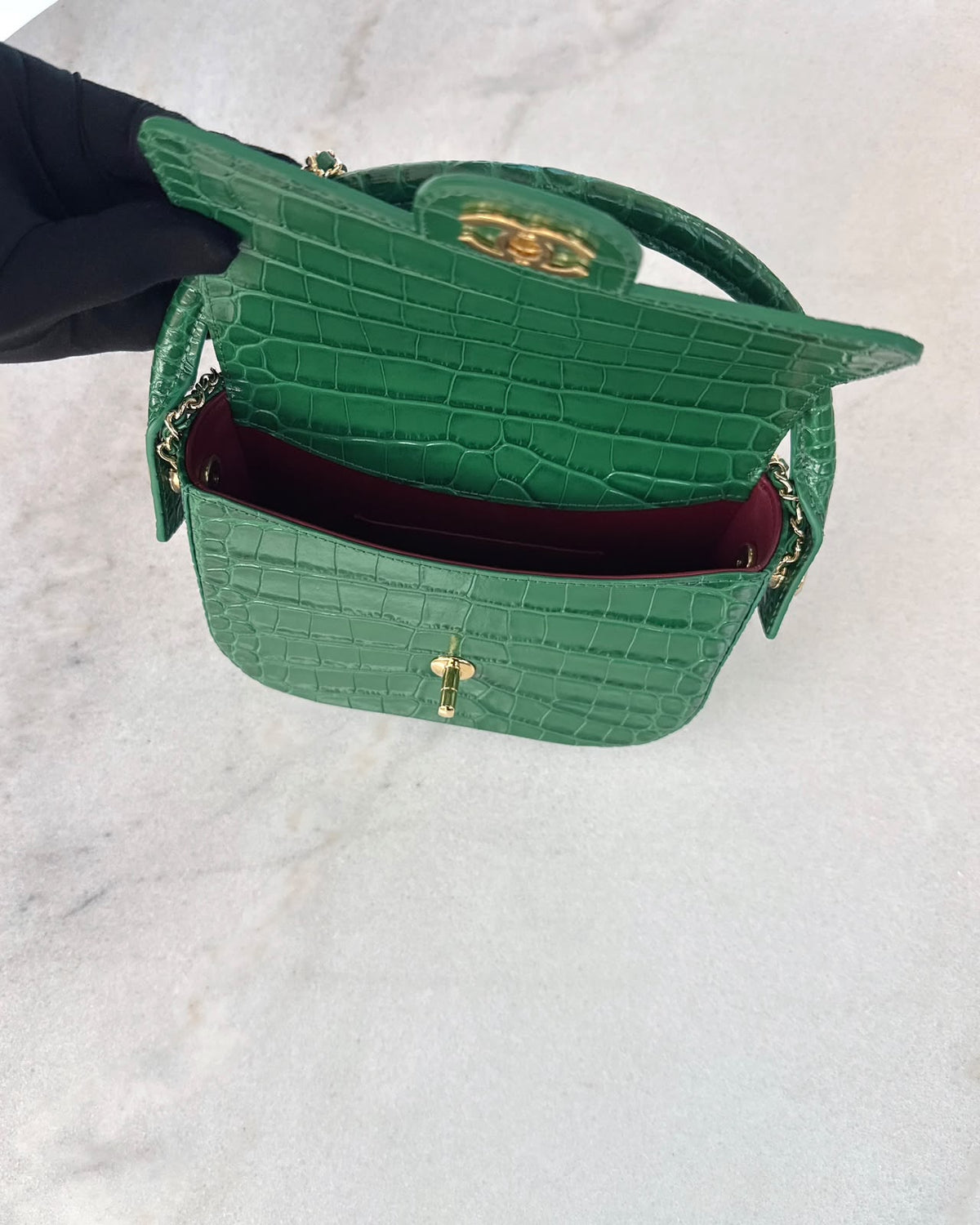 GREEN CALFSKIN AND CROCODILE EMBOSSED LEATHER SMALL TOP HANDLE FLAP BAG GOLD HARDWARE