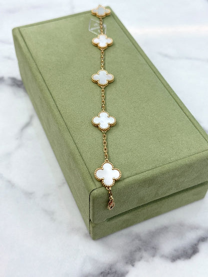 18K YELLOW GOLD AND WHITE MOTHER OF PEARL 5 MOTIFS VINTAGE ALHAMBRA BRACELET