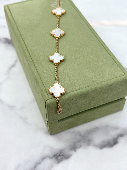18K YELLOW GOLD AND WHITE MOTHER OF PEARL 5 MOTIFS VINTAGE ALHAMBRA BRACELET