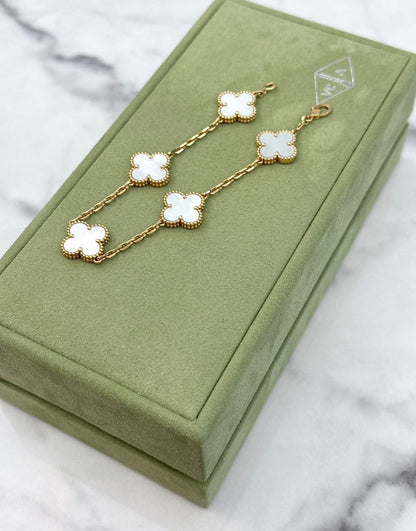 18K YELLOW GOLD AND WHITE MOTHER OF PEARL 5 MOTIFS VINTAGE ALHAMBRA BRACELET