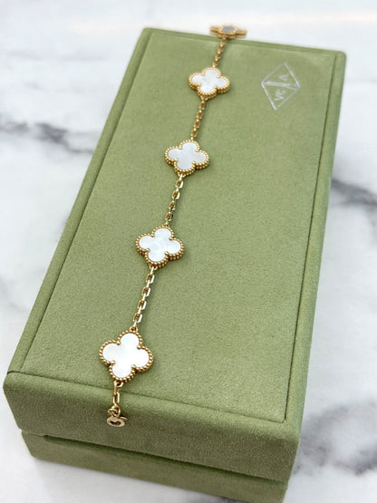 18K YELLOW GOLD AND WHITE MOTHER OF PEARL 5 MOTIFS VINTAGE ALHAMBRA BRACELET