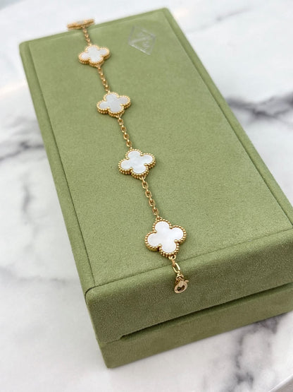 18K YELLOW GOLD AND WHITE MOTHER OF PEARL 5 MOTIFS VINTAGE ALHAMBRA BRACELET
