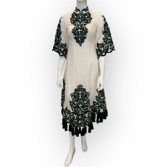 ZIMMERMANN ANNEKE TASSEL-TRIMMED EMBROIDERED LINEN DRESS
