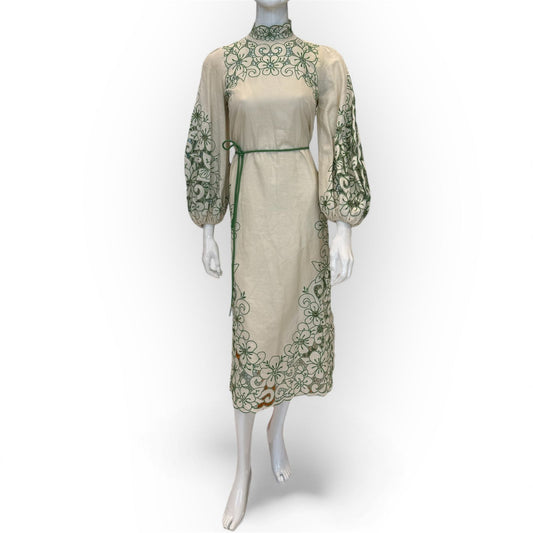 ZIMMERMANN CREAM TEDDY FLORAL EMBROIDERED LINEN & COTTON MIDI DRESS