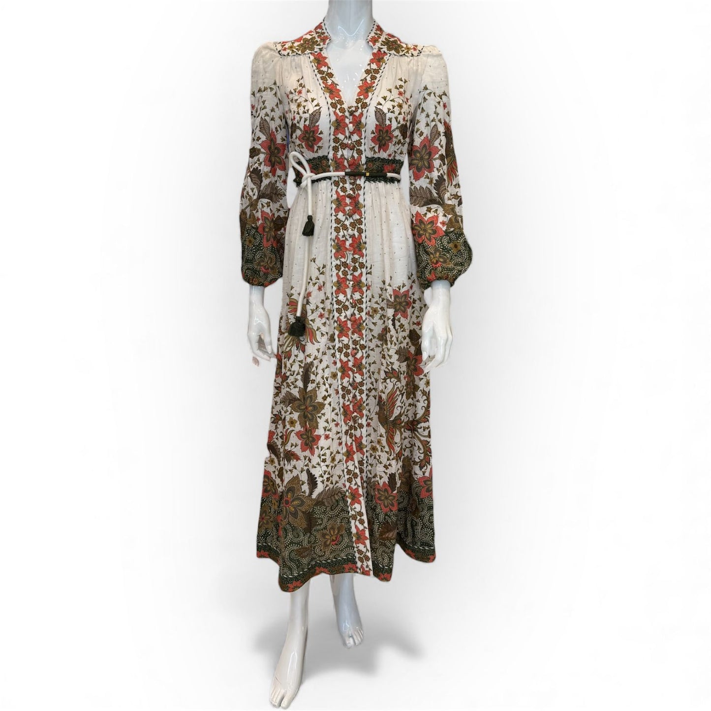 ZIMMERMANN WHITE GREEN MULTICOLOUR LINEN LONG DRESS W/TAGS